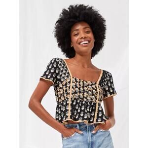 American Eagle Babydoll‎ Crop Top Size XS Black Embroidered Square Neck Peplum